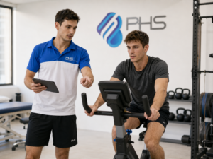 Persona en rehabilitación haciendo entrenamiento cruzado en bicicleta estática tras una lesión